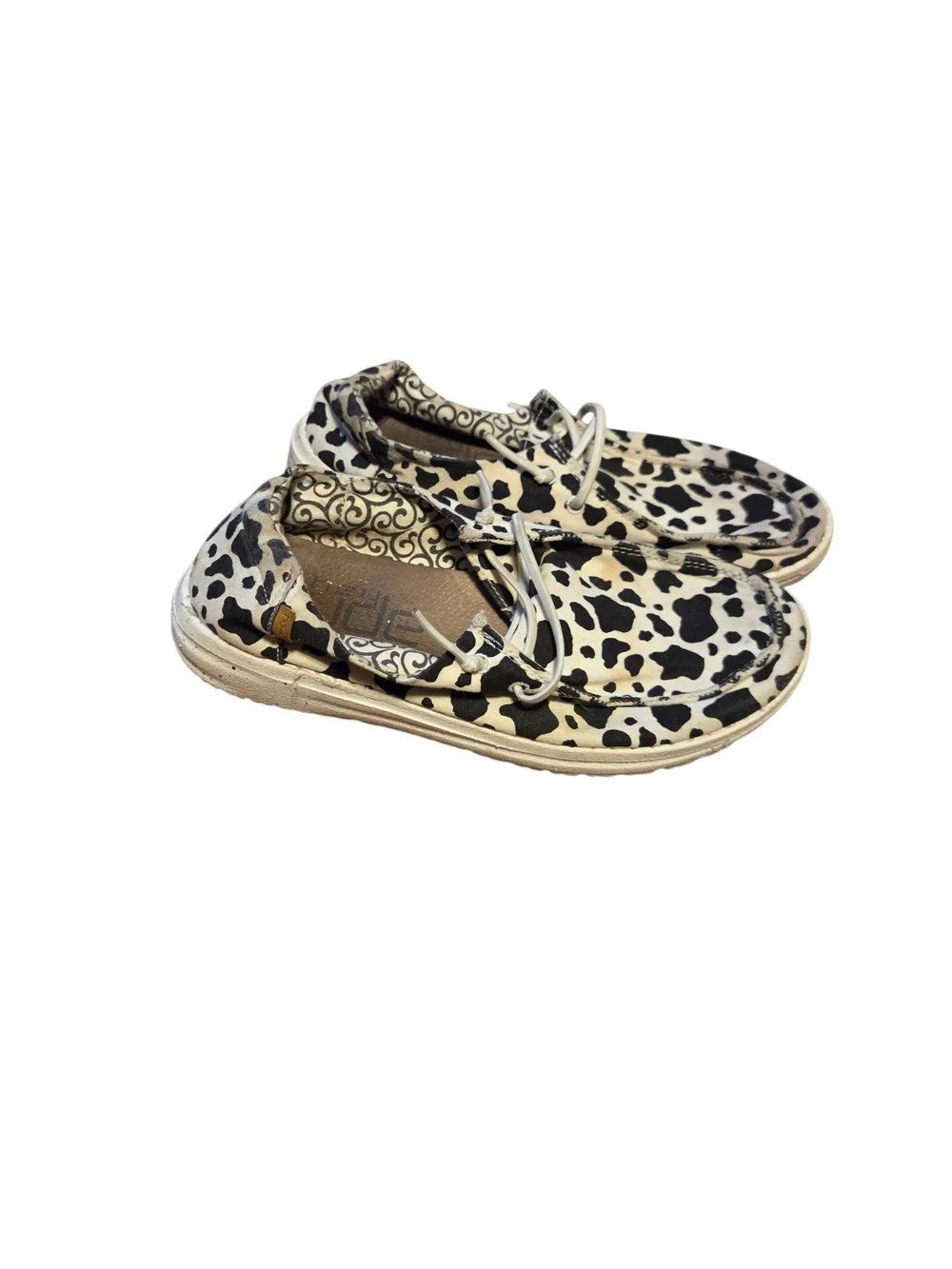 Hey Dude Women's Slip-On Loafers in Black & White Cow Print